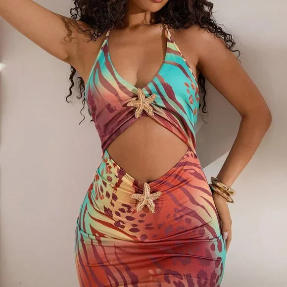 Multicolor Boho Women's V-Neck Off-The-Shoulder Dress - Picture 3 of 5